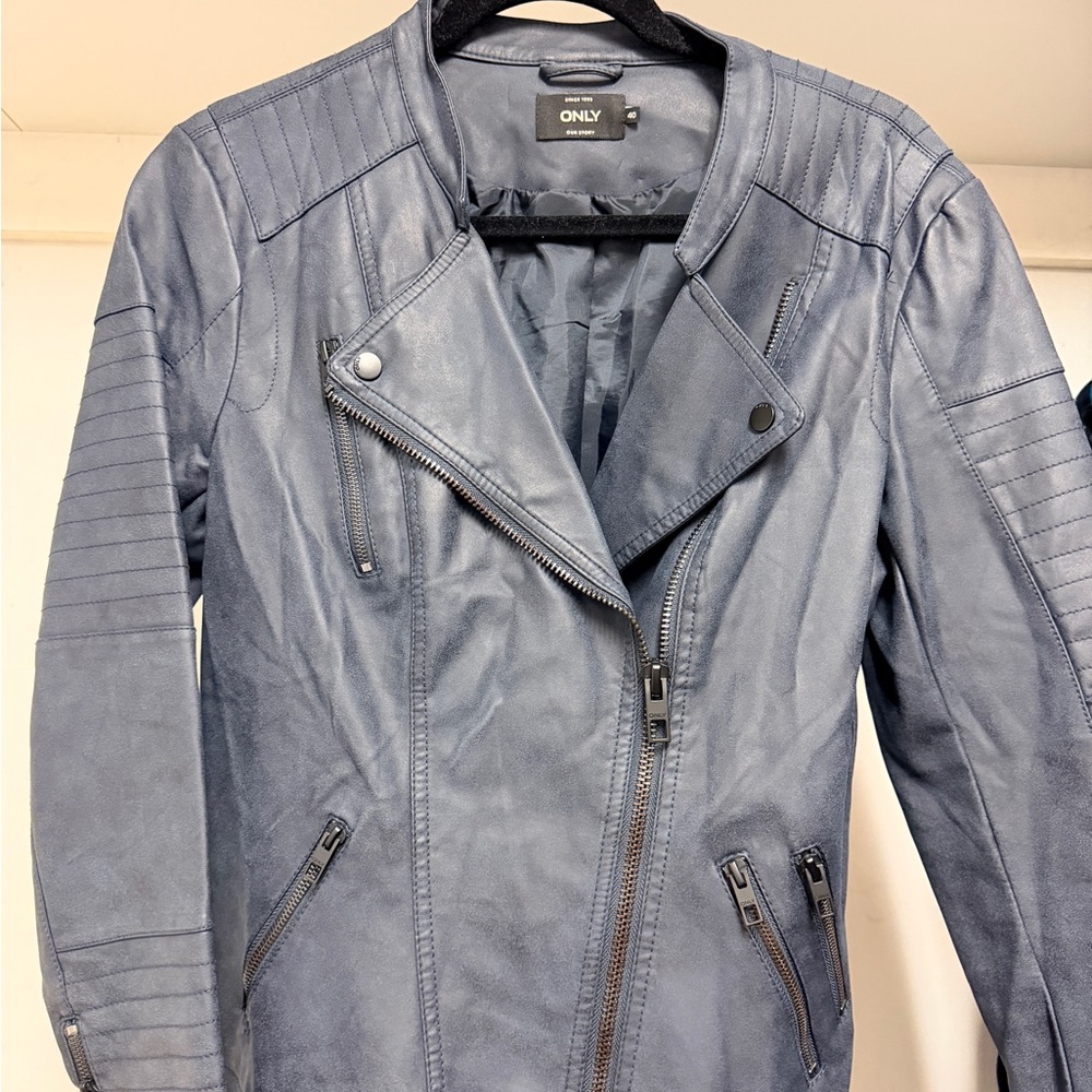ONLY Women's navy Leather Jacket medium